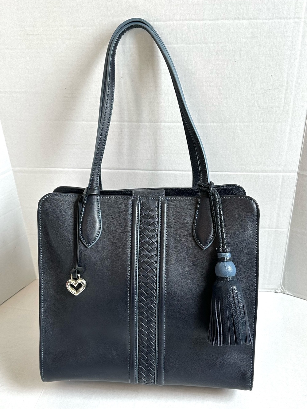 Ferrara by Brighton Navy Italian Leather Large Classic Chic Tote Bag Tassel - Picture 3 of 12